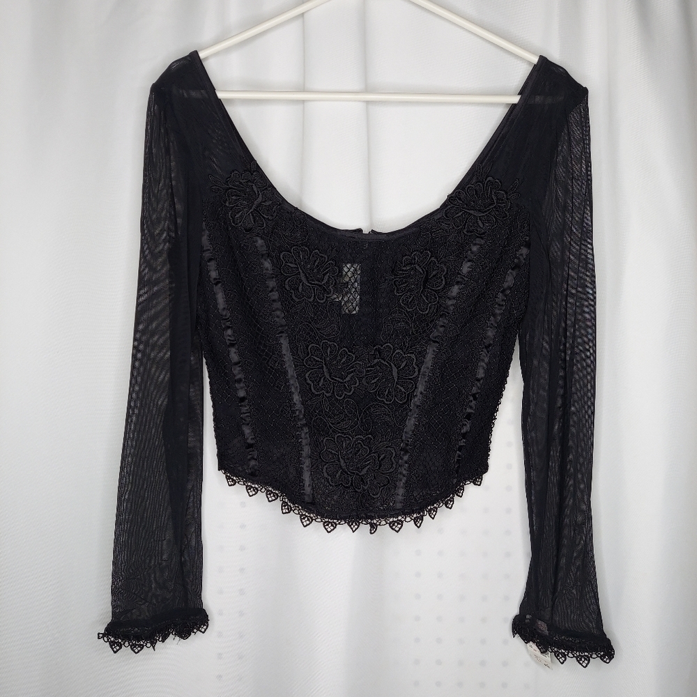 Flora Nikrooz Corset Large Black Lace Mesh Boning Long Sleeve Gothic Witchy